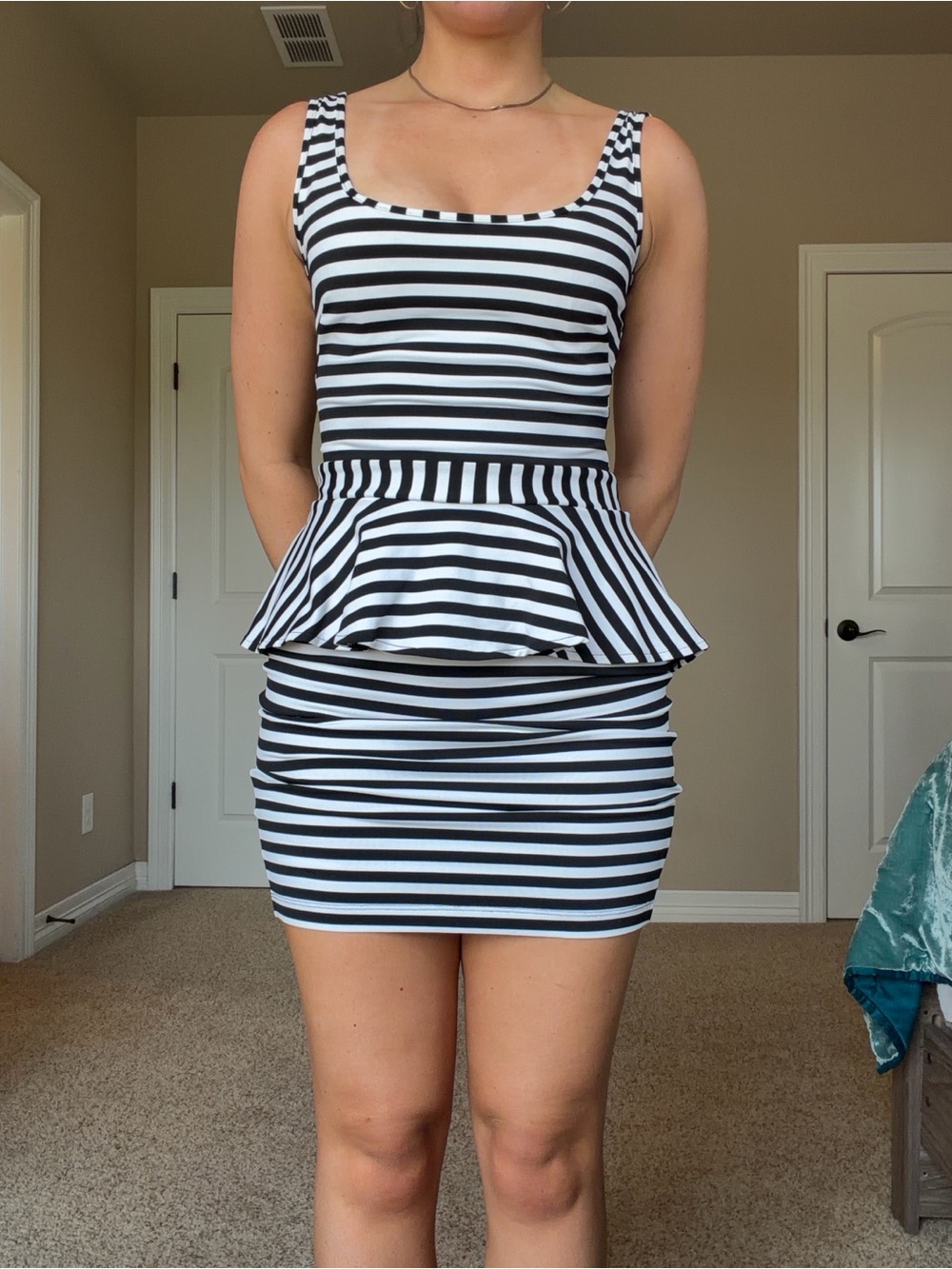 bebe Black and White Striped Peplum Mini Dress